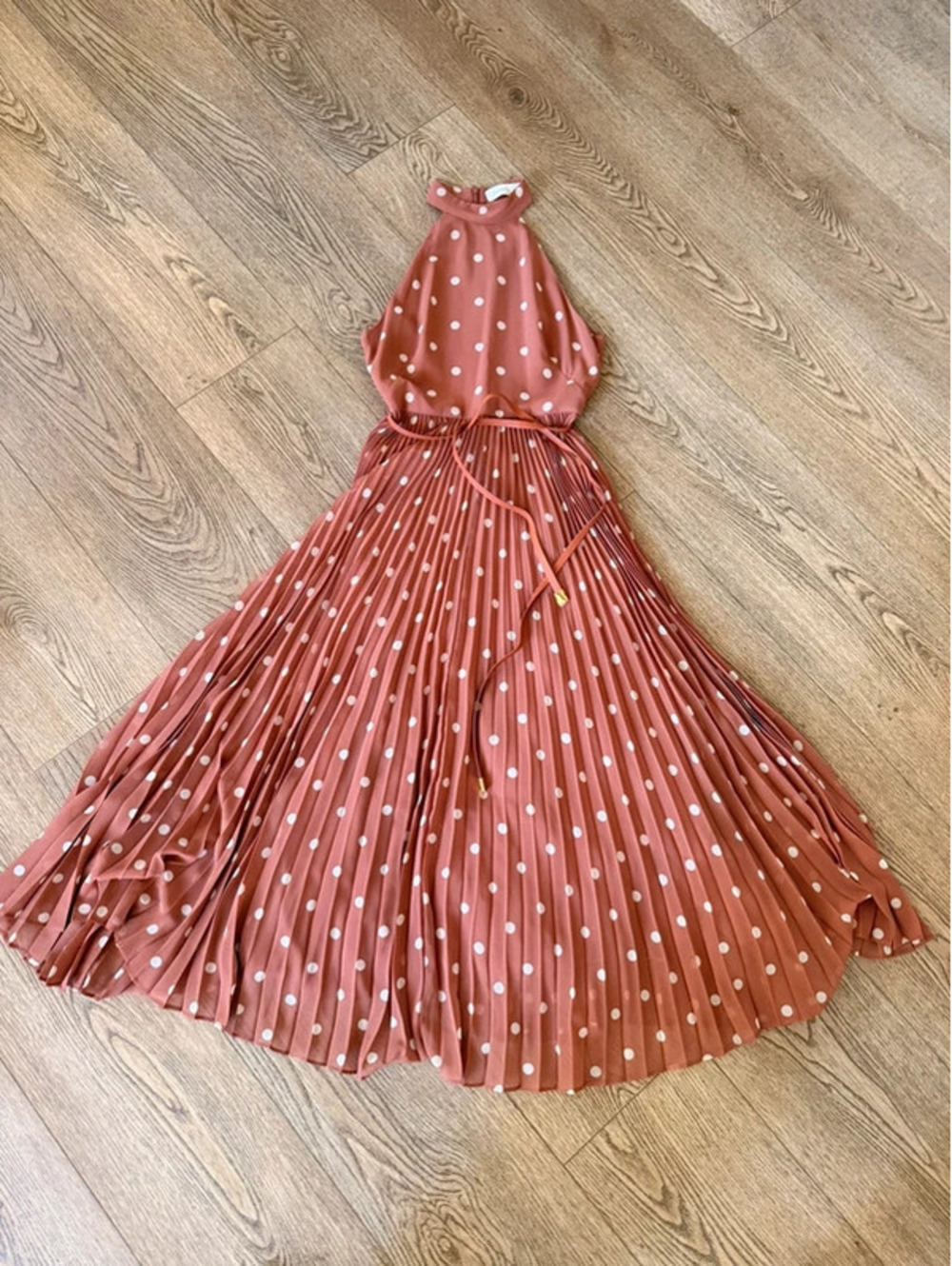Zimmermann Pleated Polka Dot Halter Maxi Dress Rust Size 1